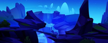 Gece vakti tahta kütükten yapılmış köprüsü olan Rocky Cliff. Karikatür vektörü gece yarısı dağ manzarası, şelalenin yanında asma yol var. Nehrin yukarısında tehlikeli bir patika var..