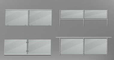 Balkon ya da teras çiti için cam tırabzan. Merdiven korkulukları için pleksiglas paneli ve metal boru kirişleri olan gerçekçi bir vektör seti. Şeffaf akrilik bariyer.