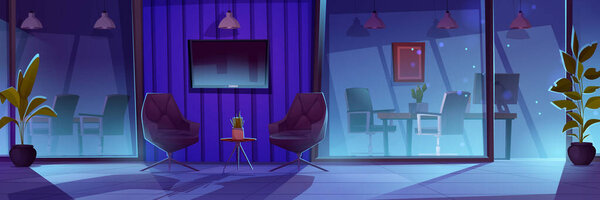 Modern company office at night. Vector cartoon illustration of dark meeting room, reception hall with armchairs and flower on table, tv screen, chairs and desk behind glass wall, business workspace