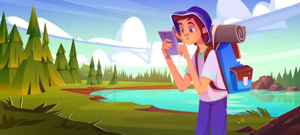 Orman Gölü yakınlarında yürüyüş yapan bir erkek turist. Sırt çantalı genç adamın vektör karikatür çizimi akıllı telefonda harita kontrol uygulaması, suyun etrafında yeşil köknar ağaçları, yaz tatili, açık hava aktivitesi