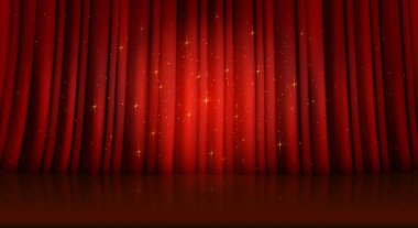 Sahnede sahne ışıkları ve parlayan parlaklıklarla kapalı kırmızı tiyatro veya sinema perdesi. Broadway Show veya film seremonisinin gerçekçi vektör arkaplanı ışık saçan kumaşları salladı.