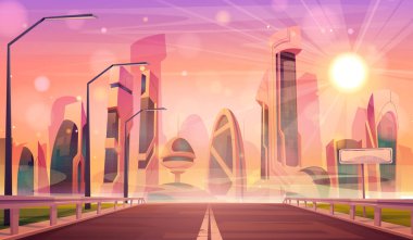 İleri teknoloji gökdelenleri olan gelecekçi şehre giden yol. Kentsel yol perspektifinin vektör çizimi, modern ofis ve konut binaları, turuncu gün batımı gökyüzü, havada parlayan güneş ışığı