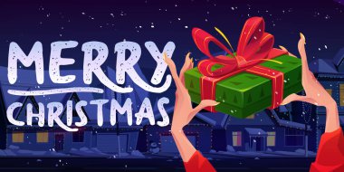 Kadın eli, gece kasabasının arka planında Noel hediyesi kutusunu tutuyor. Mutlu Noel 'in vektör karikatür çizimi, kırmızı kurdeleli yeşil kağıda sarılı sürpriz paket, kış tatili afişi.