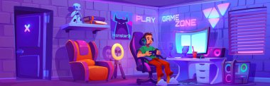 Bilgisayarda video oyunu oynayan genç adam. Oyun ve yayın düzeneği ile oda içi karikatür vektörü. Masasının yanında joystick ile oturan genç bir çocuk monitörlü ve duvarında neon levhalar var..