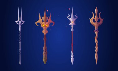 Poseidon ya da Neptün büyüsü ahşap ve metalden yapılmış harika bir mızrak. Mitolojik zıpkın ya da yabayla süslenmiş karikatür vektör çizimi. Denizcilik tanrısı için sihirli güçle süslenmiş..