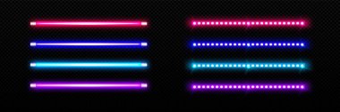 Uzun LED lambalar ve parlak neon renkli ışık şeritleri. Gerçekçi vektör illüstrasyon seti parlak floresan düz elektrik ampulleri. Gece kulübü Lazer dekorasyonu kirişlerle.