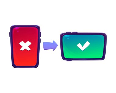 Beyaz arkaplanda kırmızı ve yeşil ekranlı akıllı telefon simgeleri var. Modern telefonun vektör çizimi dikey ve yatay, çapraz ve kene işaretleri, mobil uygulamanın kullanımı