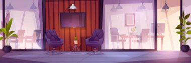 Camdan duvarı olan modern çalışma alanı - koridorda koltukları ve bitkileri olan karikatür vektör ofis odası, masaları ve sandalyeleri olan çalışma odaları, şeffaf bölmenin arkasında bilgisayarlar ve aksesuarlar.