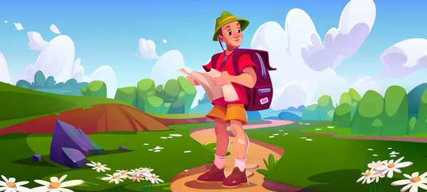 Male tourist with backpack and map in hands stands on path way in meadow with green grass and wildflowers. Cartoon vector of active trekking recreation and adventure. Young man travels outdoors