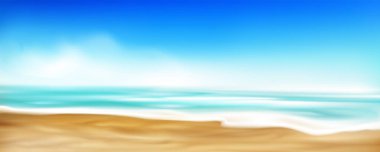 Kıyı şeridini yıkayan köpüklü dalgalarla bulanık deniz kıyısı. Plaj arka planının gerçekçi temsili, parlak parçacıkları olan kumlu ada, mavi deniz ya da okyanus suyu, ufukta bulutlu güneşli gökyüzü.