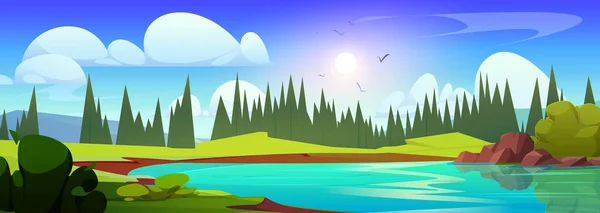 Summer valley with lake and fir tree forest. Vector cartoon illustration of beautiful spring landscape, blue water in mountain river, green grass and bushes on hills, sun shining bright in blue sky