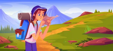 Genç erkek turist dağlarda yürüyüş yapıyor. Sırt çantalı genç adamın vektör karikatür çizimi. Varış yeri için kağıt haritası, yeşil köknar ağaçları, tepe boyunca taşlar, açık hava aktivitesi.