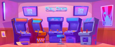 Oyun makineli Retro Bilgisayar Kulübü. Oyun alanı iç tasarımının vektör karikatür çizimi, düğmeleri ve konsol kumandası olan eski oyun salonu dolapları, 80 'lerin klasik langırt ekipmanları, duvarda poster