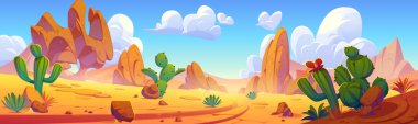 Arizona kuru çöl manzarası, kırmızı kayalar, uçurum dağları ve kaktüsler. Kanyon, vahşi kaktüs ve çimlerle kaplı kumlu manzaranın çizgi film vektör çizimi, sıcak güneşli bir gün.