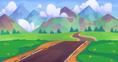 Yeşil ağaçlar ve çimenler arasında asfalt yol, dağlar ve bulutlu mavi gökyüzü. Ormandaki otoyolun karikatür yaz vektör manzarası Rocky Hills 'e çıkıyor. Yol ile kırsal manzara.
