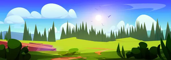 Summer valley landscape with fir tree forest. Vector cartoon illustration of beautiful spring scenery, footpath in green grass and bushes on hills, sun shining bright in blue sky with white clouds