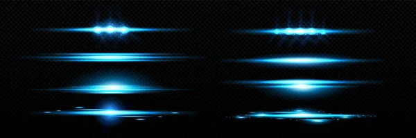フェード効果のある横ブルーライトライン リアルなベクターイラストセットのグローフレアバースト 透明な背景に輝くネオンフラッシュストリップ グリッターで魔法の光る輝き — ストックベクタ