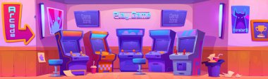 Atari makinesi ve pankartlarla dolu bir oyun kulübü. Oyun kumandalı ve ekranlı 80 'lerin çizgi film vektör çizimi. Eski elektronik video oyunu eğlence salonu.