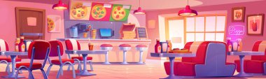 İçi mobilya ve ekipmanlarla dolu bir pizzacı masalar ve sandalyeler bar tezgahında teslim edilecek karton kutular tabure, yiyecek ve içecekler. Pizza restoranının karikatür vektör kümesi.