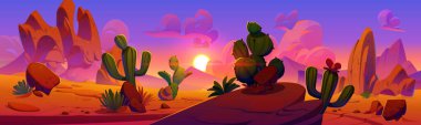 Günbatımında veya gündoğumunda kayalar, uçurum dağları ve kaktüslerle Arizona çölleri manzarası. Kanyon, vahşi kaktüs ve çimlerin pembe güneş ışığıyla dolup taştığı kumlu manzaranın çizgi film vektör çizimi.