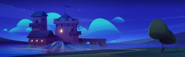 Ortaçağ kraliyet şatosu geceleri adada. Karikatür vektörü karanlık gece yarısı antik masal sarayının bulutlu ve ay ışığında yıldızlı gökyüzünün altında kulede bayrak asılı hali. Fantezi krallığı.