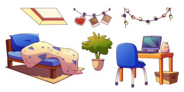 Attic bedroom interior furniture and equipment. Cartoon vector illustration set of items for sleep, study and work in mansarda room - tilted window, bed with pillow and blanket, desk with laptop. clipart