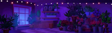 Gece çiçekçisi iç tasarımı. Kovalar içinde renkli buketler, lale ve gül demetleri olan karanlık odanın vektör karikatür çizimi, ahşap rafta saksıdaki yeşil bitki, çelenk ışıkları dekoru