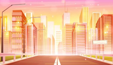 Gündoğumunda modern şehir otoyolu. Kentsel yol perspektifinin vektör çizimi, ofis ve konut gökdelen binaları, parlak sarı güneş ışığı parlaması, boş isim plakası