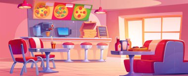 İçi mobilya ve ekipmanlarla dolu bir pizzacı masalar ve sandalyeler bar tezgahında teslim edilecek karton kutular tabure, yiyecek ve içecekler. Pizza restoranının karikatür vektör kümesi.