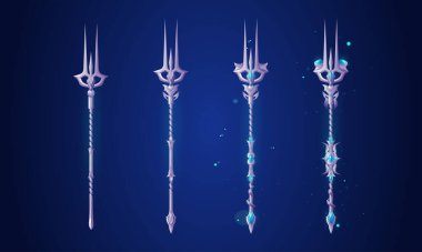 Poseidon ya da Neptün oyun alanı için metal ve değerli taşlardan yapılmış harika bir mızrak. Mitoloji zıpkınının çizgi film vektör çizimi veya sihirli güçle süslenmiş mücevherler