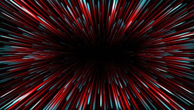 Radyal patlamalı yüksek hızlı kırmızı ışık. Uzay yolculuğunun neon ışıltılı etkisinin gerçekçi bir temsili. Fantezi patlaması veya hiper uzayda hareket dairesel perspektif tüneli.