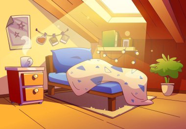 Attic bedroom interior with furniture and accessories. Cartoon vector illustration of cozy flooded with sunlight mansarda room with tilted window and bed with pillow and blanket for sleep and relax. clipart