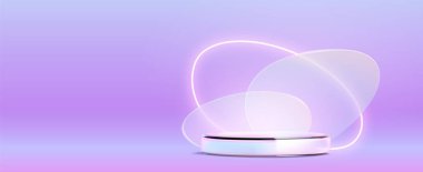 Neon halkalı yuvarlak cam platform ve efekt efekti efekti efekti efekti efekti efekti efekti. Sergi için plastik podyumun gerçekçi temsili, güzellik ürünü sunumu stand modelleme