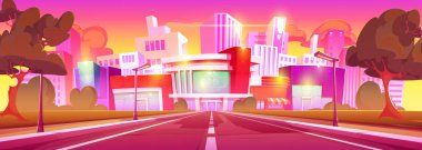 Çizgi film gündoğumu ya da gün batımı şehir manzarası yolu, apartmanları, ofisleri ve mağazaları olan modern binalara götürür. Vector Town Caddesi, pembe güneş ışığı altında. Otobanlı şehir merkezi..