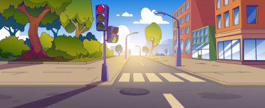 Şehrin kaldırımları, trafik ışıkları ve zebra kavşağı. Çok katlı binalar, yaya geçidi ve yaya geçidi olan karikatür şehri manzarası. Boş şehir merkezi otoyol köşesi.