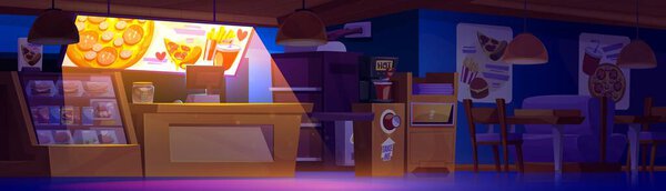 Интерьер пиццерии ночью с пустыми столами и стульями, духовка для выпечки пиццы и витрины с гамбургером, закуски и напитки, светящаяся вывеска с меню и рекламой, прилавок с монитором.
