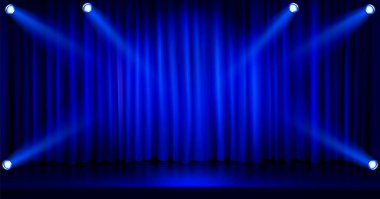 Sahnede spot ışıkları olan mavi perde. Konser salonunun parlak, parlak zeminleri ve kumaş örtüsü, ödül töreni veya mezuniyet töreniyle gösterilen gerçekçi temsili, afiş arkaplanı