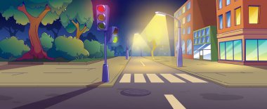 Yoldan geçen ve parkı olan Night City Caddesi. Karanlık yaz kasabasındaki yaya geçidinin vektör karikatürü çizimi, kırmızı ve yeşil trafik ışıkları, konut binaları, aydınlatılmış vitrinler
