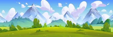 Yüksek dağların eteğindeki çayırlarda yeşil çimenler, çalılar ve ağaçların olduğu doğal yaz manzarası. Çizgi film vektörü panoramik manzara tepelerin yakınındaki çayırlar, bulutlu mavi gökyüzü. Kır manzarası.