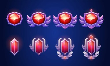 Gümüş metalik mücevherler ve kırmızı elmaslı hazine amblemi ve rozeti var. Ortaçağ madalyonunun karikatür vektör evrimi aşamaları. Rpg ödülü için çeşitli karmaşıklıkta mücevherler..