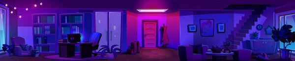 Panoramic home interior at night. Horizontal house or apartment indoor with entrance door and stairs, home office workplace with computer on desk and cabinet, and lounge area with armchair and table.