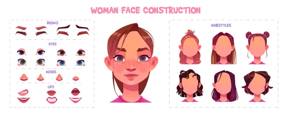 stock vector Woman face construction kit with cartoon facial parts for creation young female avatars with different nose and eyes, brows and hairstyles. Vector of girl head elements set for emotion generator.