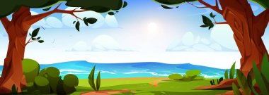 Deniz kıyısındaki yaz parkı. Suyun üzerindeki fırtınalı dalgaların vektör çizimi, eski ağaçların gölgesindeki yeşil çimenler, parlak güneş, kabarık bulutlar ve mavi gökyüzünde uçan kuşlar, güzel manzara