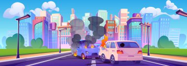 Yüksek binaların yakınındaki şehir yolunda araba kazası. Kasaba otoyolunda iki otomobilin ön çarpışması. Çizgi film vektörü yanan araçları yolda ezdi..