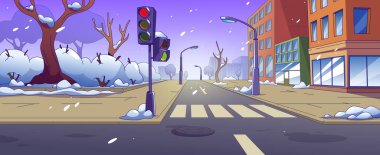 Şehir caddesi kışın karla kaplı. Çizgi film vektörü karlı soğuk boş şehir manzarası kaldırım, trafik ışıkları ve yaya geçidi olan Zebra geçidi, evler ve yol.