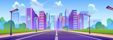 Modern gökdelenleri ve otoyol perspektifi olan büyük bir şehir. Sokak lambaları ve yol boyunca çimenliği olan şehrin vektör karikatür çizimi, yüksek binalar ve binalar, beyaz bulutlu mavi gökyüzü