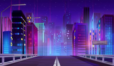 Boş yollar, geceleri çok katlı binalar ve neon ışıkları olan şehre çıkar. Kasabaya asfalt otobanlı karikatür çizimi. Gökdelenleri ve sokak ışıklarıyla Mor parlak şehir manzarası.