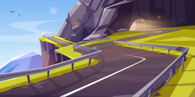 Dağlardaki kayalıklardaki boş kıvrımlı yılan yolu güneş ışığıyla dolup taşar. Rocky Hills 'teki asfalt otobanının karikatür yaz vektör manzarası. Çevre yolu ile kırsal manzara.