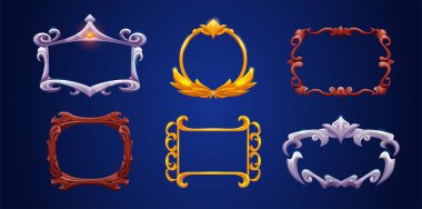 Avatar veya menü afişi için fantezi dekorasyon oyunu. Altın, ahşap ve gümüş yuvarlak ve kıvrımlı kenarlı dikdörtgen kenarlı. Ortaçağ arayüzü deco dizaynının karikatür vektör çizimi