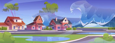 Dev tsunami dalgaları okyanus veya deniz kıyılarını özel evler, yollar ve ağaçlarla kaplar. Yıkım yaratan doğal afetlerle dolu yaz manzarasının çizgi film vektörü. Güçlü depremin yol açtığı su felaketi